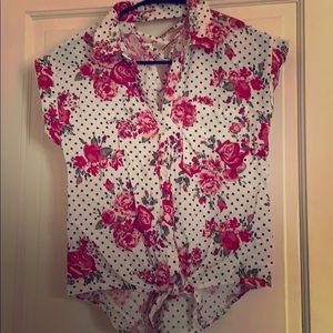💗 Retro Pinup Rose Button Down Tie Front Blouse